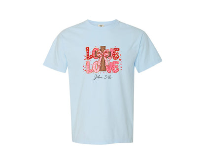 brand:Comfort Colors|color:Chambray|Loved John 3 16 Pngpink Valentine Heart Graphic T-Shirt