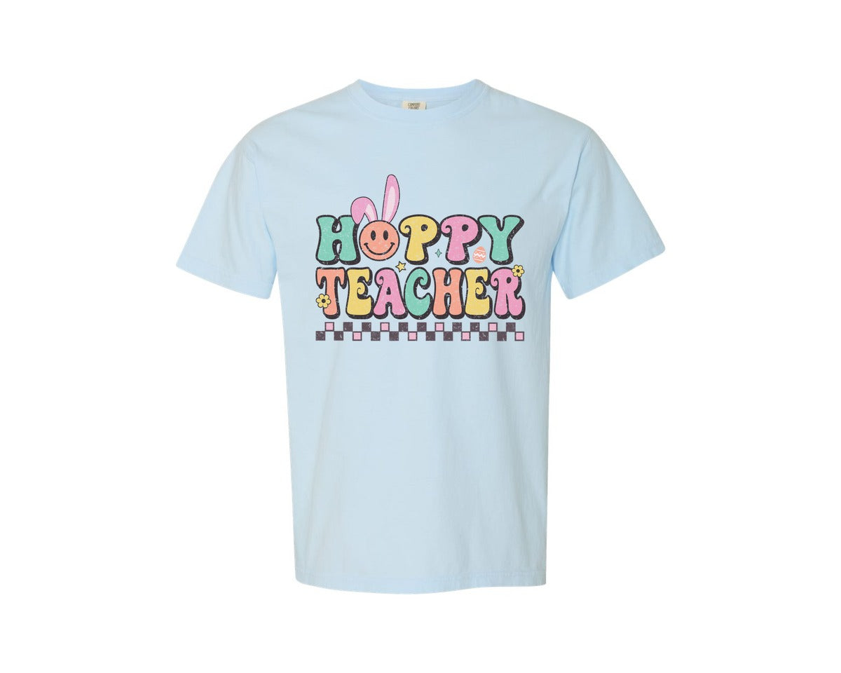 brand:Comfort Colors|color:Chambray|Retro Easter Teacher Pngone Hoppy Shirt Graphic T-Shirt