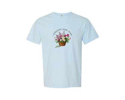 brand:Comfort Colors|color:Chambray|Foxglove Daisy Tulip Flower Basket Graphic T-Shirt