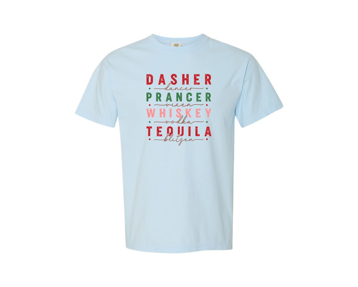 brand:Comfort Colors|color:Chambray|Dasher Dancer Prancer Christmas Graphic T-Shirt