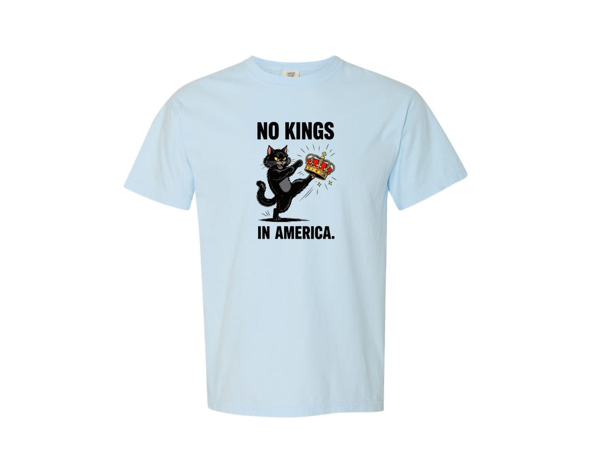 brand:Comfort Colors|color:Chambray|No Kings In America Cat Funny Black Graphic T-Shirt