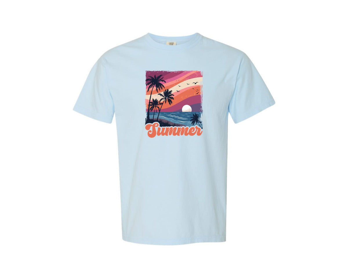 brand:Comfort Colors|color:Chambray|Retro Vintage Sunset Summer Shirt Graphic T-Shirt