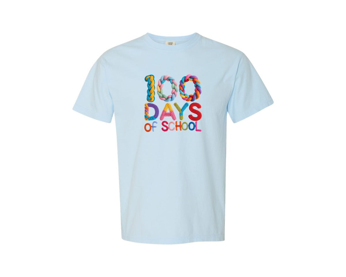 brand:Comfort Colors|color:Chambray|Colorful 100 Days School Faux Yarn Shirt Graphic T-Shirt