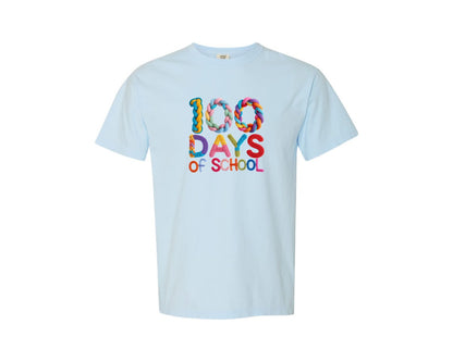 brand:Comfort Colors|color:Chambray|Colorful 100 Days School Faux Yarn Shirt Graphic T-Shirt