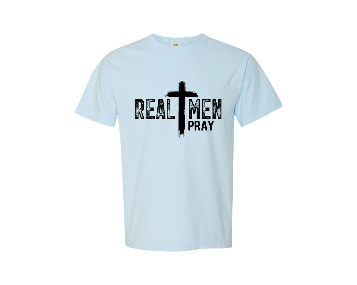 brand:Comfort Colors|color:Chambray|Real Men Pray Design Graphic T-Shirt