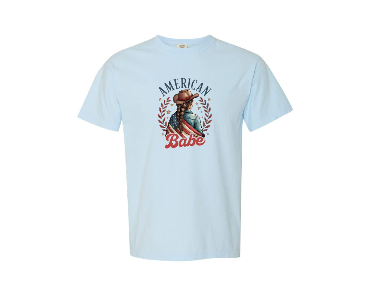 brand:Comfort Colors|color:Chambray|4Th Of July Patriotic American Babe 2 Graphic T-Shirt