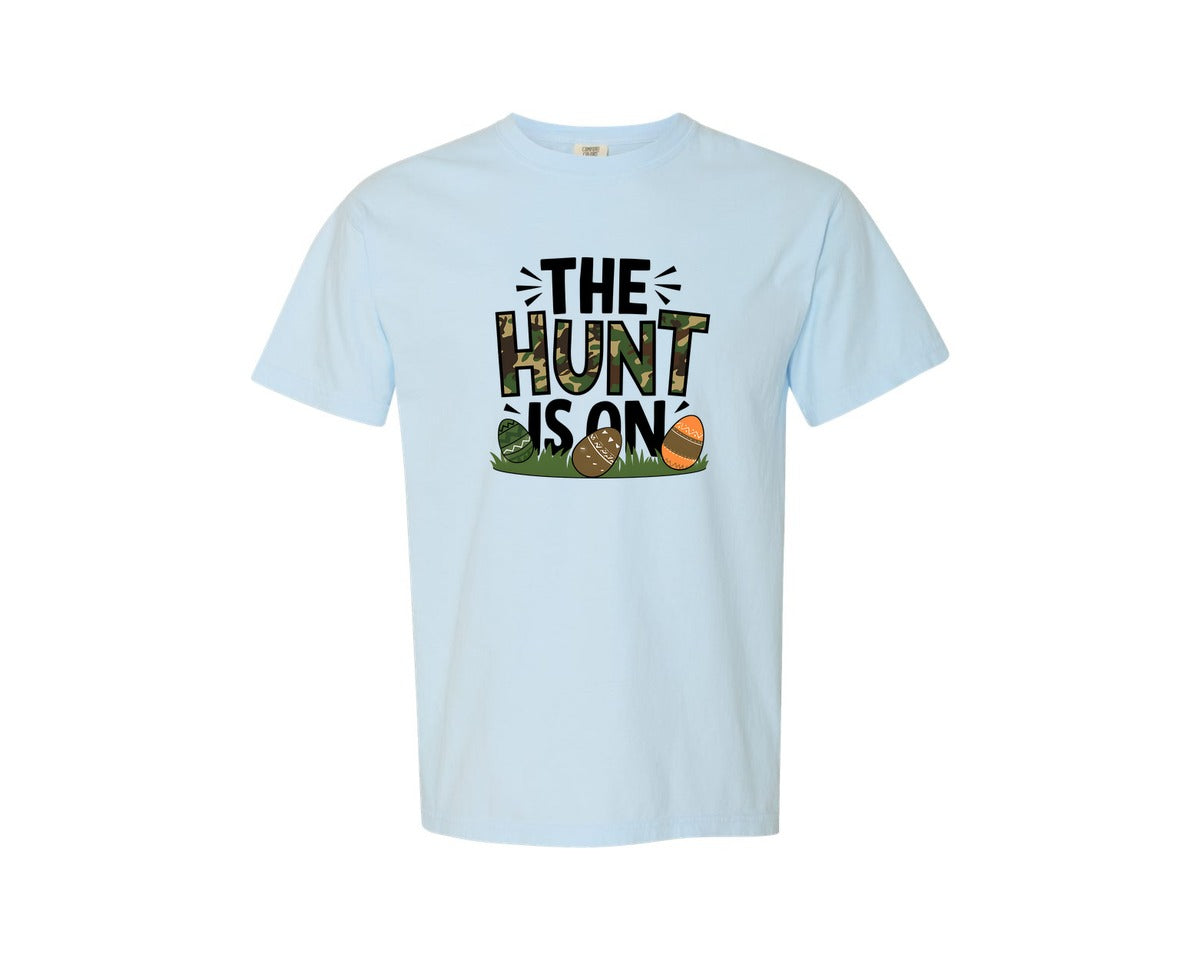 brand:Comfort Colors|color:Chambray|The Hunt Is On Camo Easter Egg Camo Graphic T-Shirt