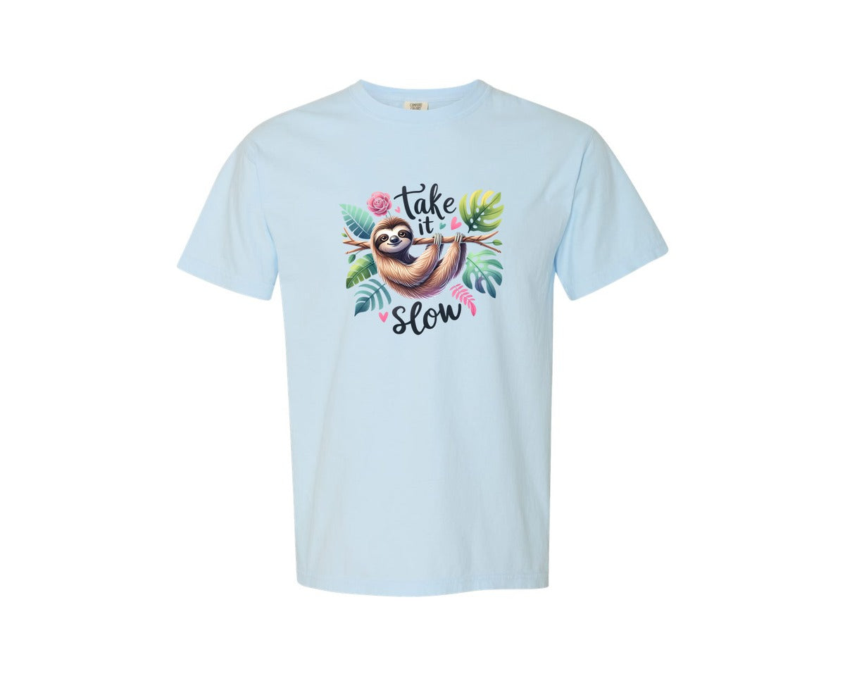brand:Comfort Colors|color:Chambray|Funny Sloth Take It Slow Graphic T-Shirt