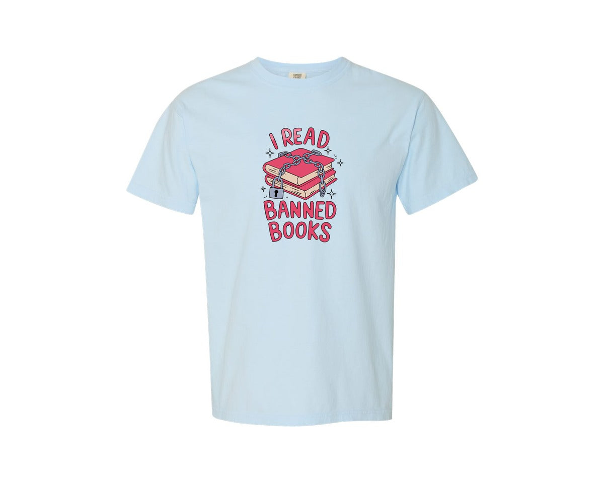 brand:Comfort Colors|color:Chambray|Read Banned Books Locked Stack Graphic T-Shirt