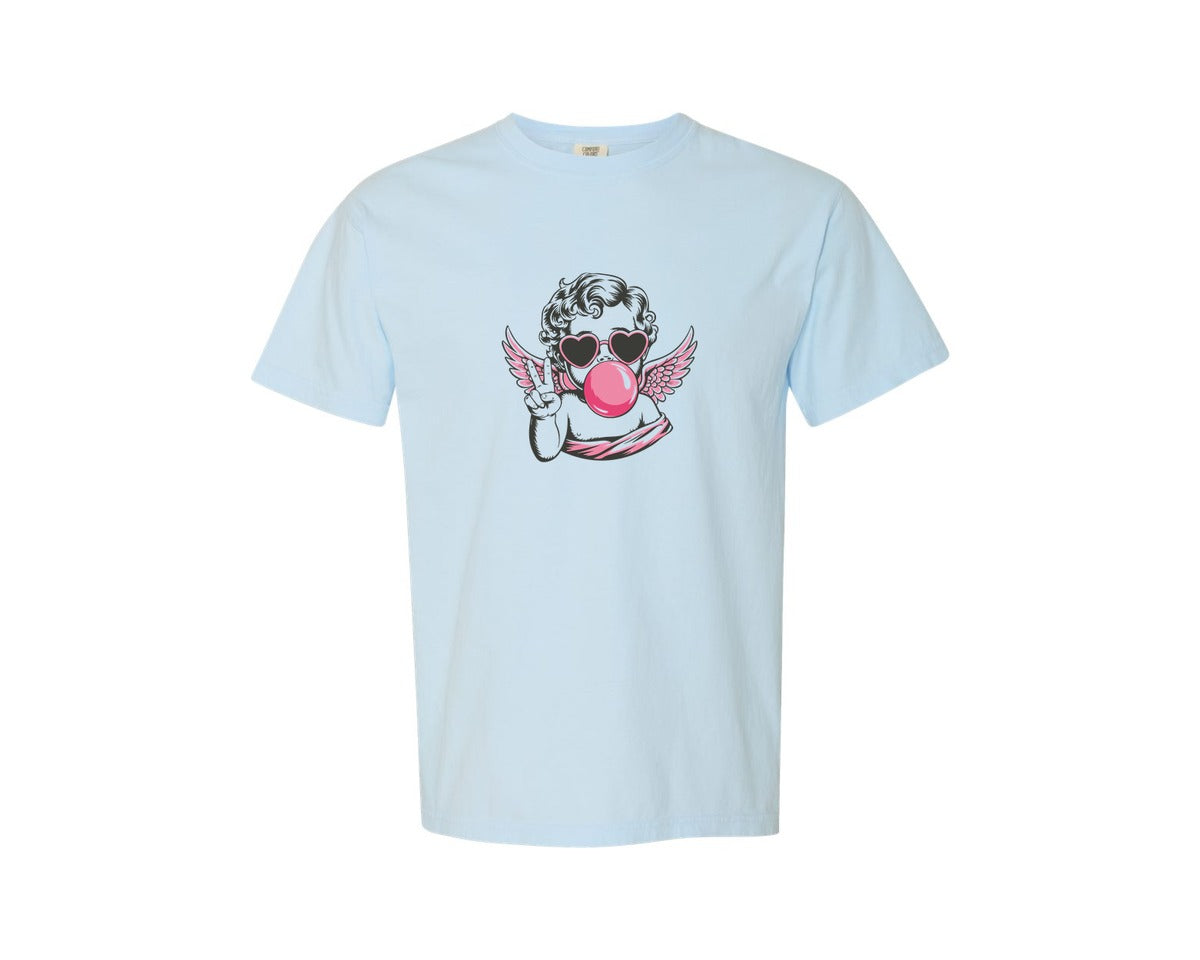 brand:Comfort Colors|color:Chambray|Retro Cupid Valentine Blowing Bubble 12 Graphic T-Shirt