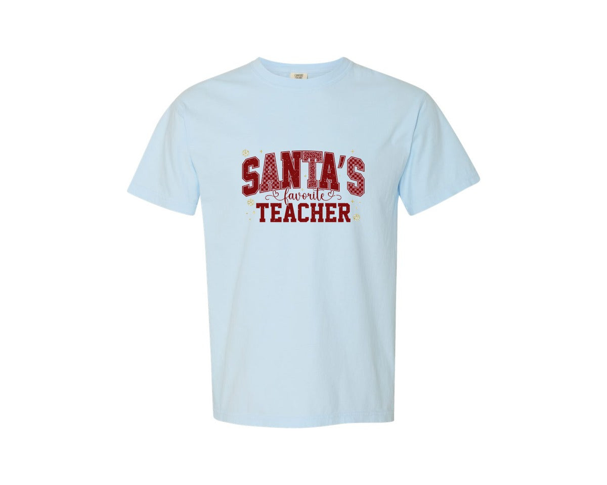brand:Comfort Colors|color:Chambray|Santas Favorite Teacher Christmas 7 Graphic T-Shirt