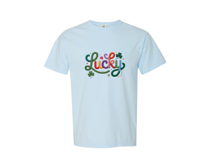 brand:Comfort Colors|color:Chambray|Faux Yarn Lucky Script Shamrock Graphic T-Shirt