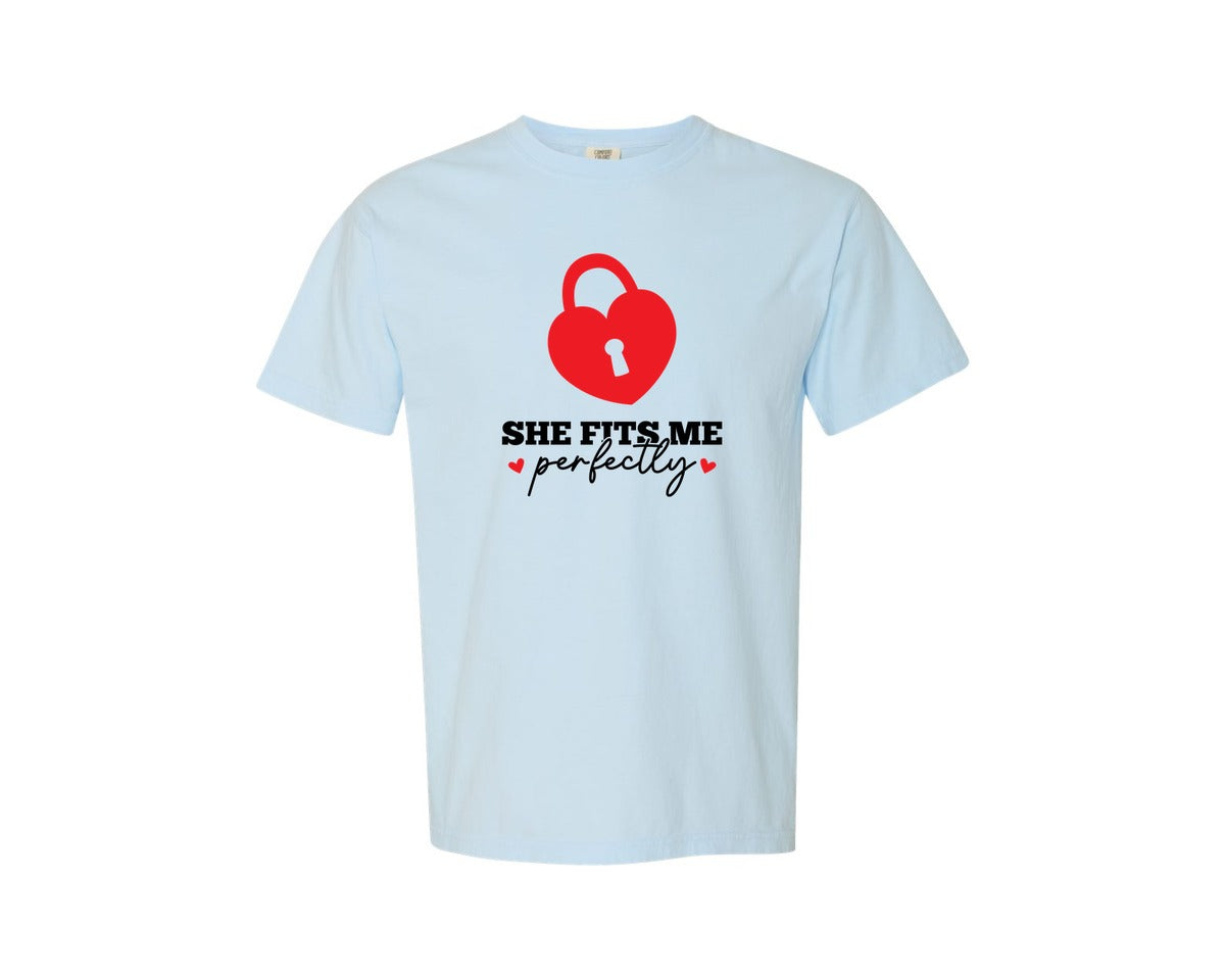 brand:Comfort Colors|color:Chambray|She He Fits Me Perfectly Couples Graphic T-Shirt