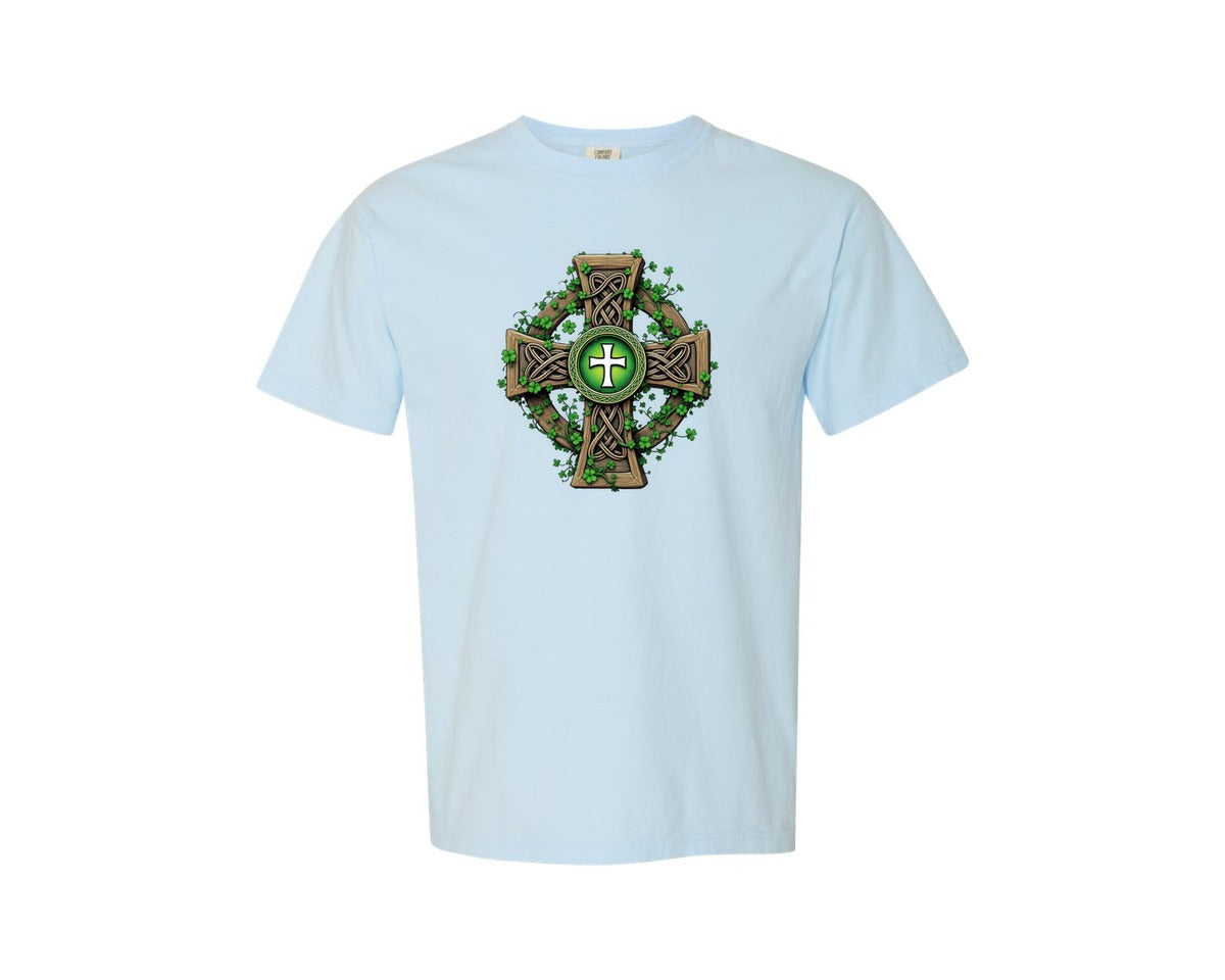 brand:Comfort Colors|color:Chambray|Celtic Cross With Shamrocks Irish Graphic T-Shirt