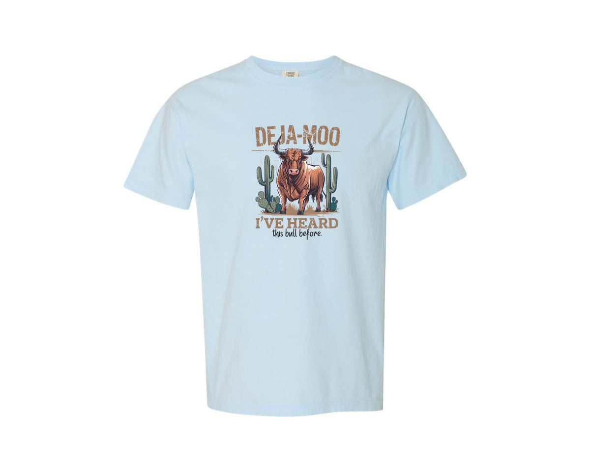 brand:Comfort Colors|color:Chambray|Deja Moo Heard This Bull Before Cow Graphic T-Shirt
