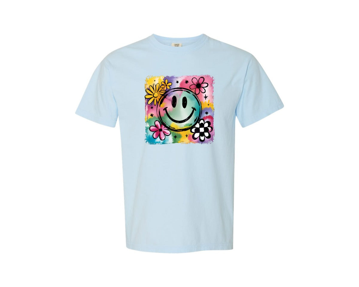 brand:Comfort Colors|color:Chambray|Retro Smiley Face Smiley Floral 3 Graphic T-Shirt