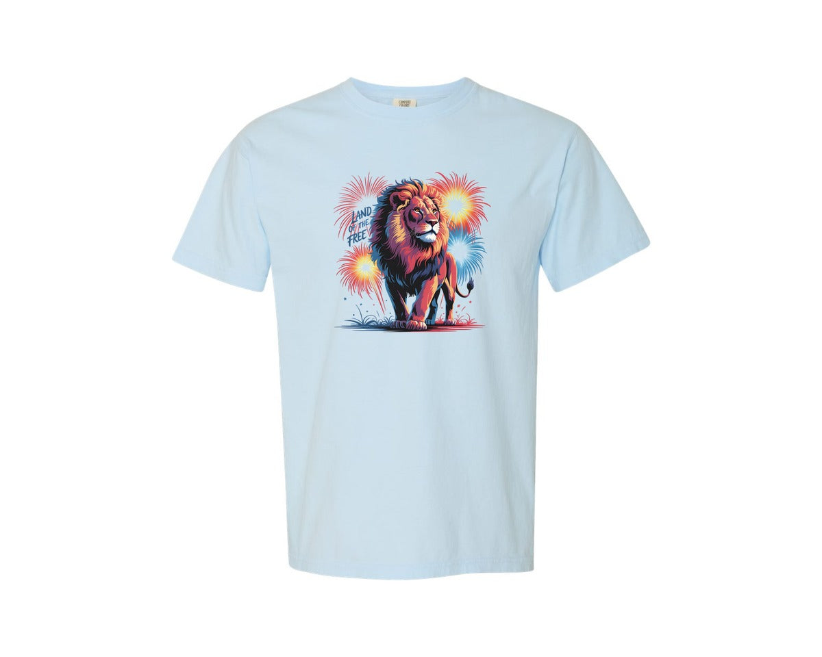 brand:Comfort Colors|color:Chambray|Land Of The Free Lion Fireworks Graphic T-Shirt