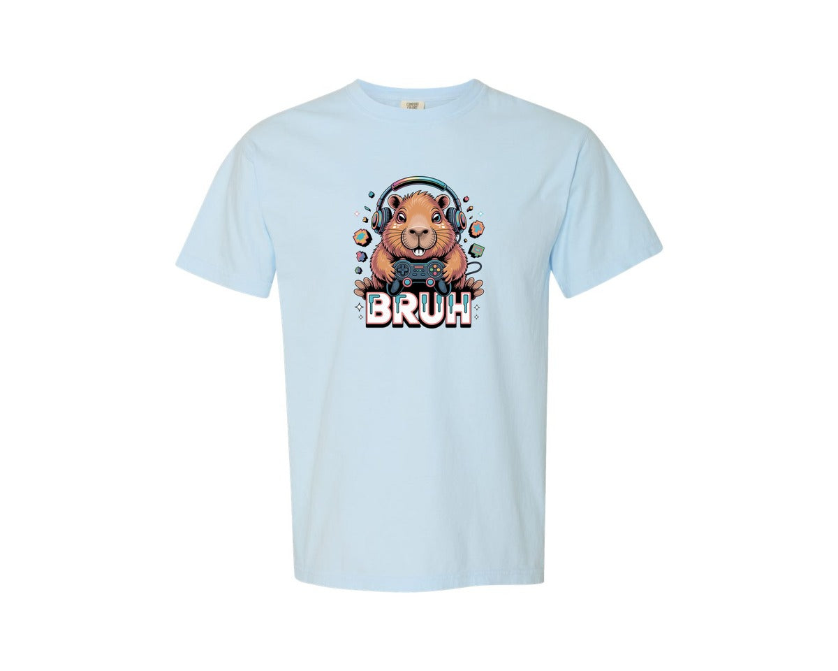 brand:Comfort Colors|color:Chambray|Bruh Capybara Funny Video Games Graphic T-Shirt