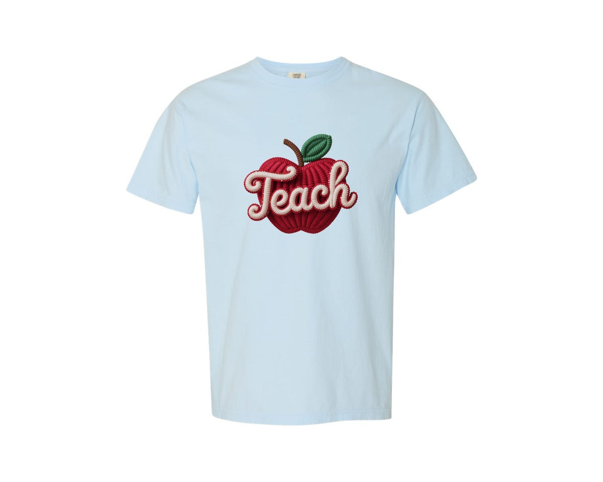 brand:Comfort Colors|color:Chambray|Crochet Valentine Teacher Apple Graphic T-Shirt