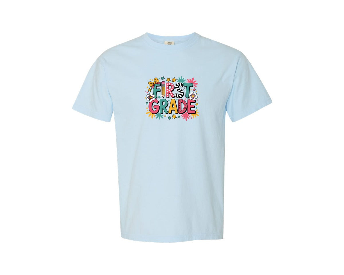 brand:Comfort Colors|color:Chambray|First Grade Elementary School Shirt Graphic T-Shirt