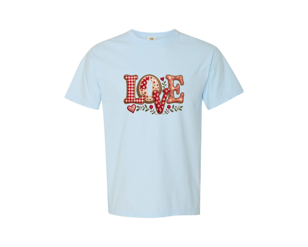 brand:Comfort Colors|color:Chambray|Valentine Love Patchwork Pngglitter Graphic T-Shirt