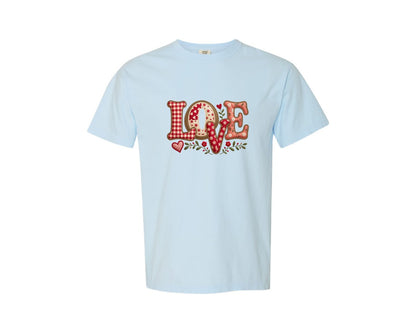 brand:Comfort Colors|color:Chambray|Valentine Love Patchwork Pngglitter Graphic T-Shirt