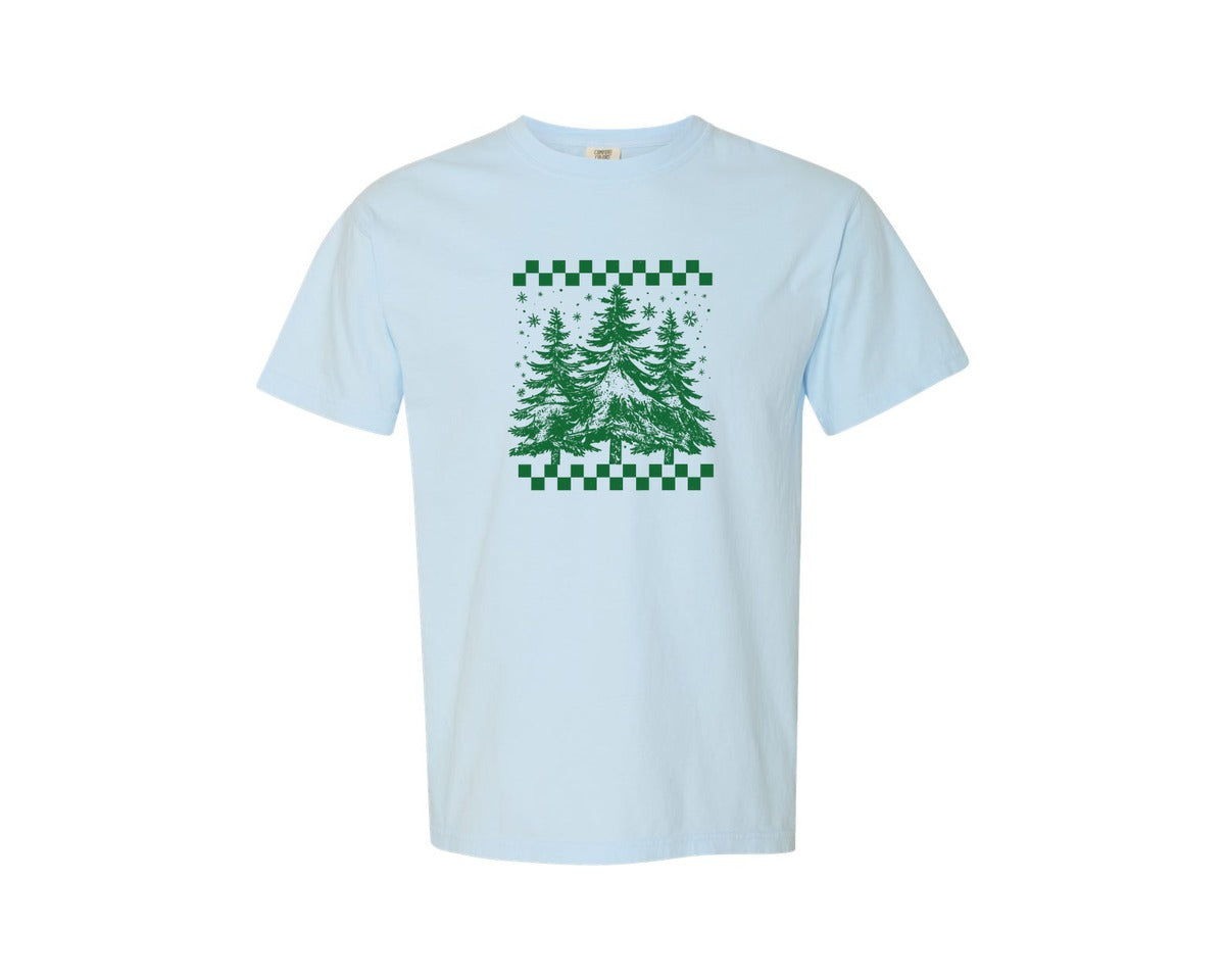 brand:Comfort Colors|color:Chambray|Winter Evergreen Trees Festive Pattern Graphic T-Shirt
