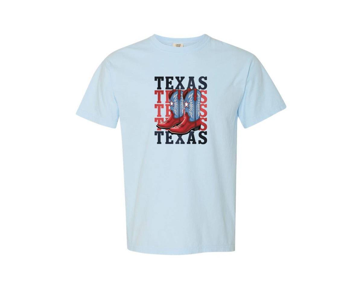 brand:Comfort Colors|color:Chambray|Texas Cowboy Boots Western Rodeo 4 Graphic T-Shirt