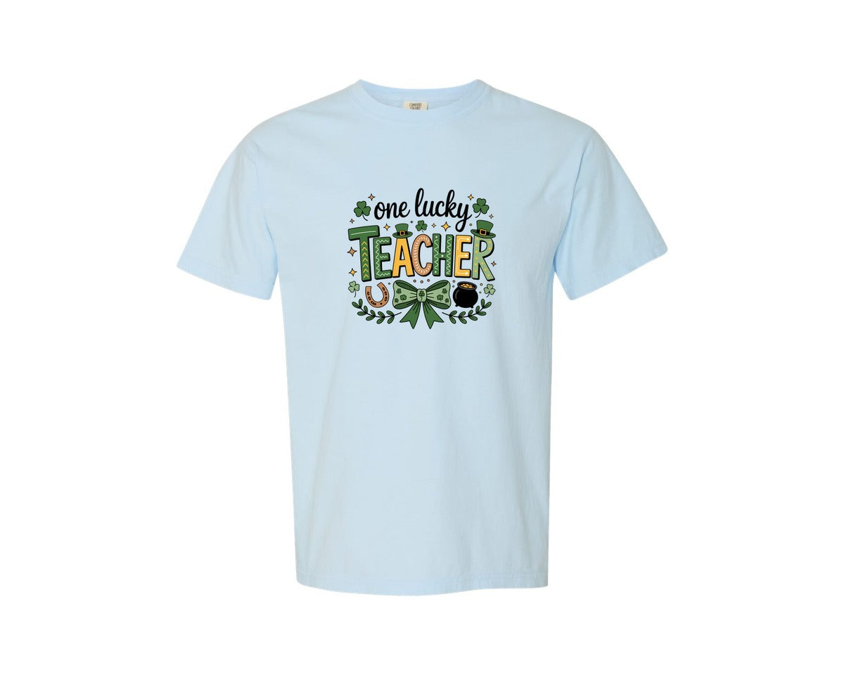 brand:Comfort Colors|color:Chambray|Teacher St Patricks Pngcoquette Bow Graphic T-Shirt