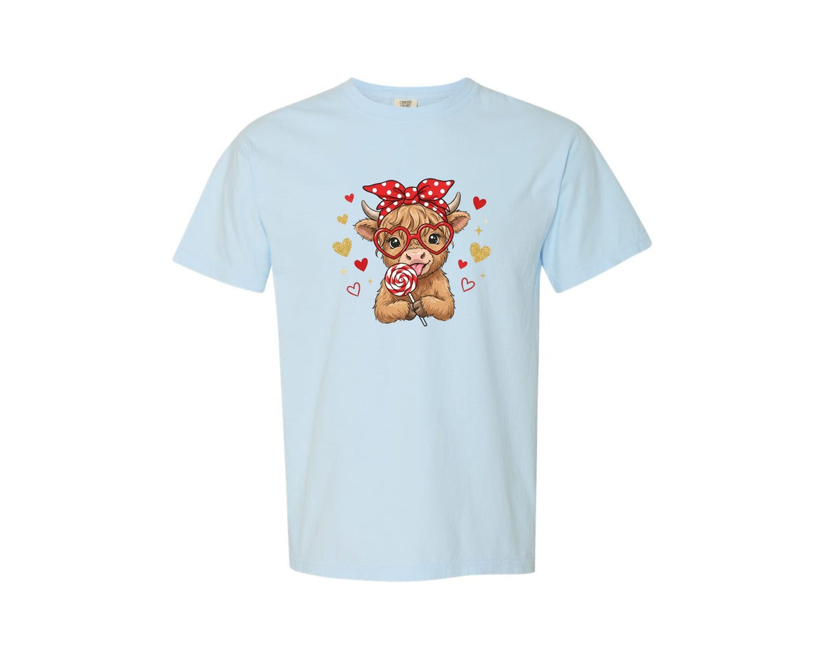 brand:Comfort Colors|color:Chambray|Preppy Valentine Highland Cow Graphic T-Shirt