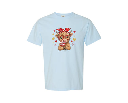 brand:Comfort Colors|color:Chambray|Preppy Valentine Highland Cow Graphic T-Shirt