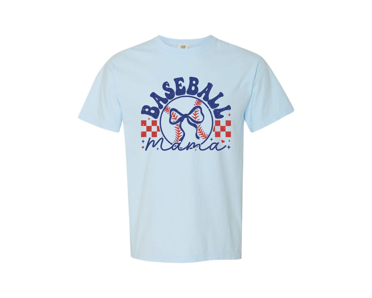 brand:Comfort Colors|color:Chambray|Baseball Mama Bow Graphic T-Shirt