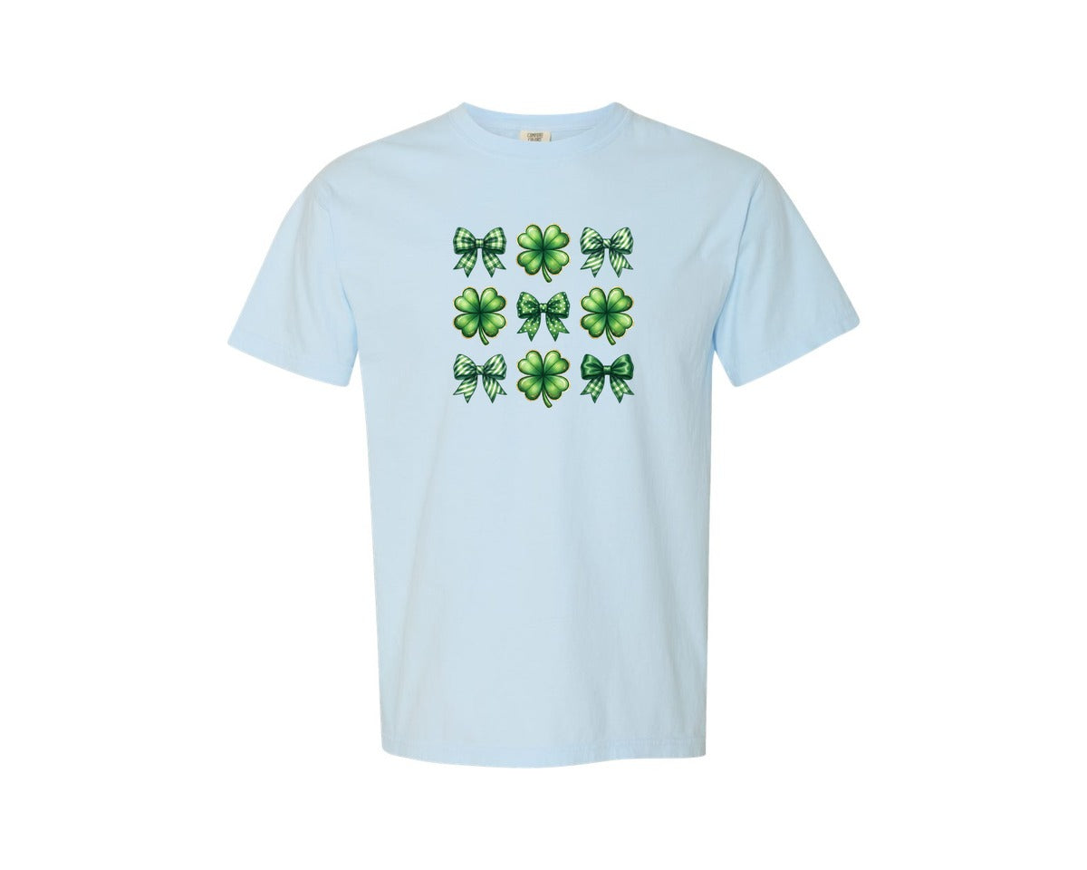 brand:Comfort Colors|color:Chambray|St Patrick Shamrock And Green Bow Graphic T-Shirt