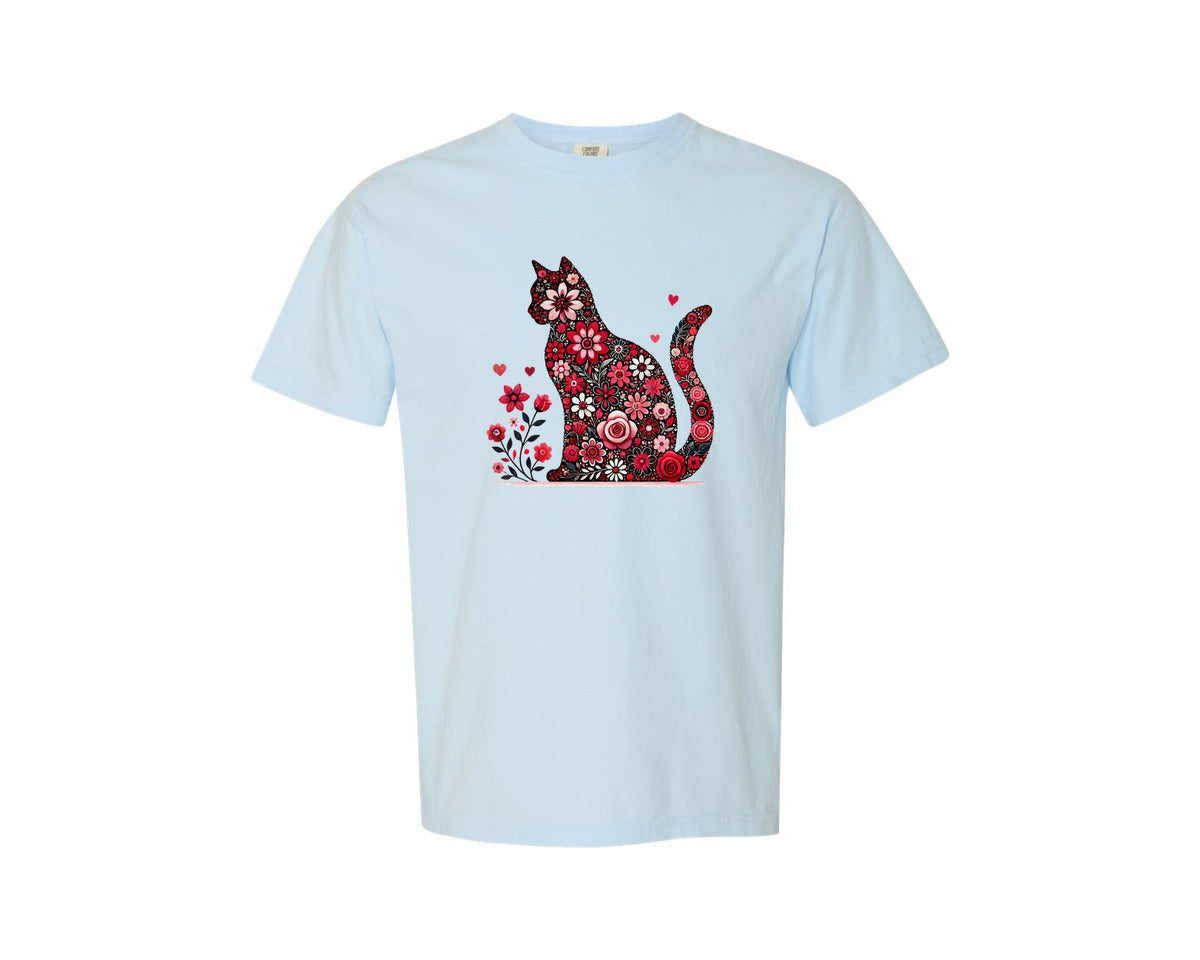 brand:Comfort Colors|color:Chambray|Floral Cat Valentine Cute Cat Love Graphic T-Shirt