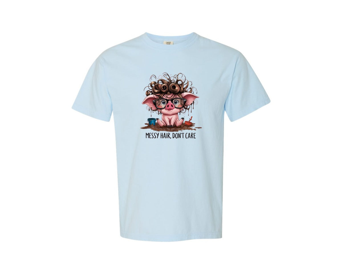 brand:Comfort Colors|color:Chambray|Messy Hair Pig Funny Cute Design Graphic T-Shirt