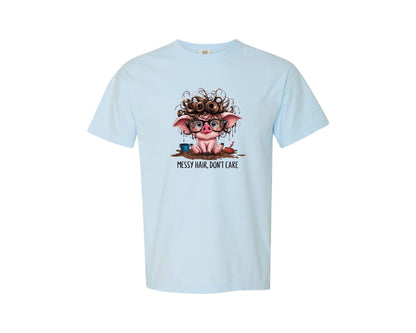 brand:Comfort Colors|color:Chambray|Messy Hair Pig Funny Cute Design Graphic T-Shirt