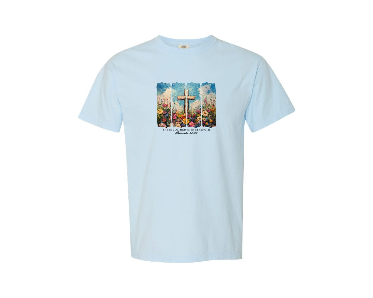brand:Comfort Colors|color:Chambray|Clothed With Strength Christian Graphic T-Shirt
