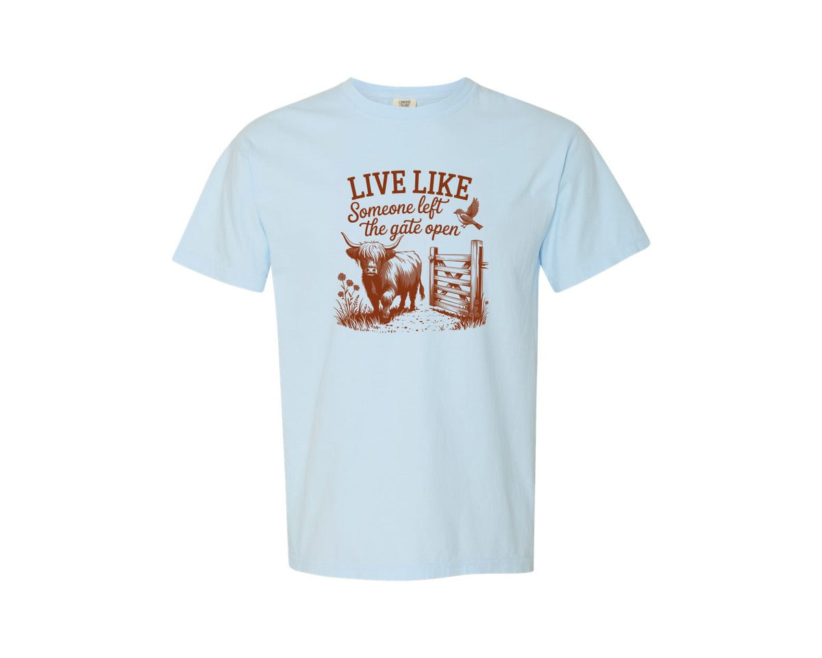 brand:Comfort Colors|color:Chambray|Live Like Someone Left The Gate Open Graphic T-Shirt