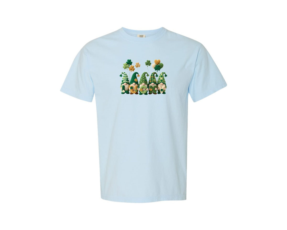 brand:Comfort Colors|color:Chambray|Faux Yarn Lucky St Patricks Day Gnome Graphic T-Shirt