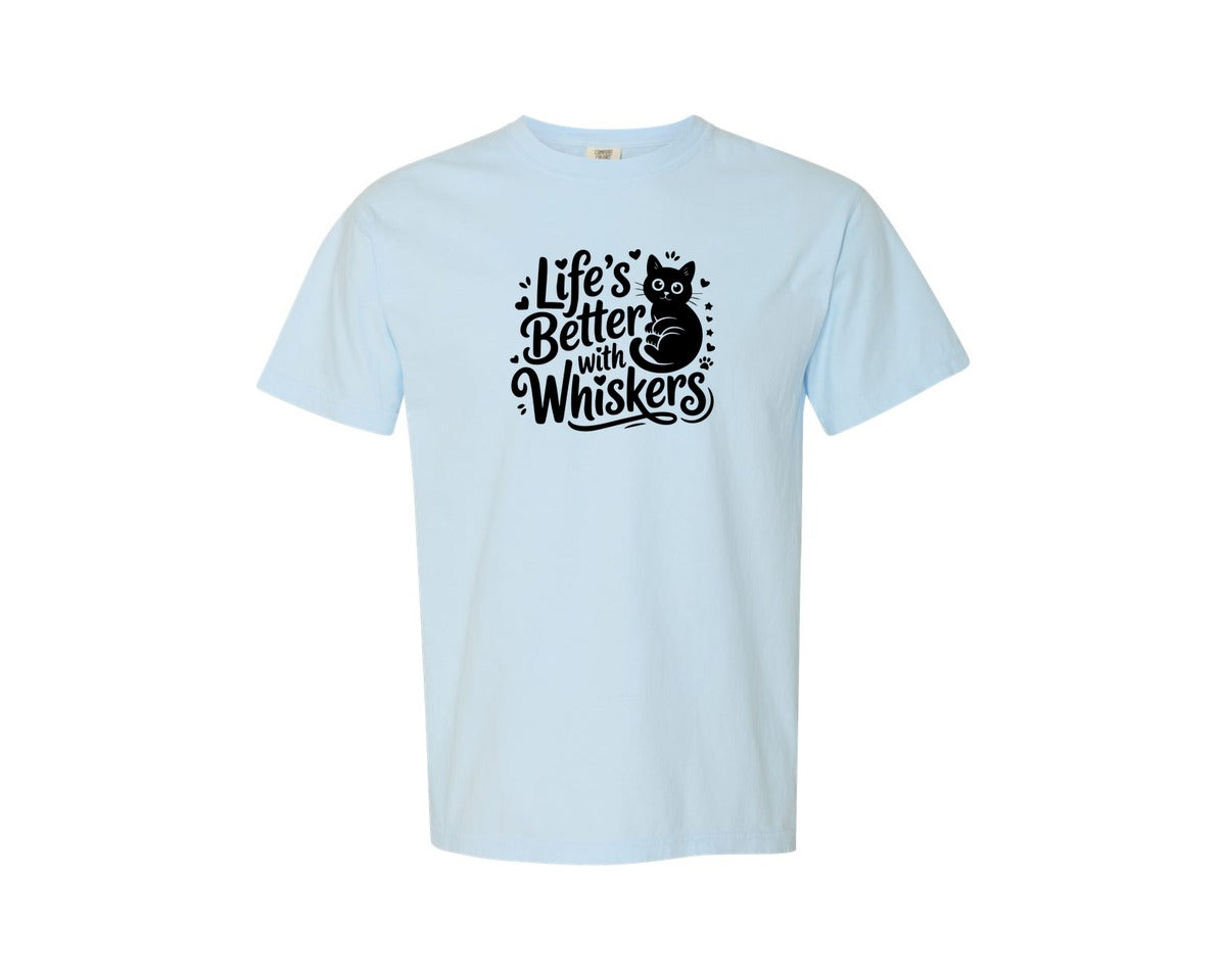 brand:Comfort Colors|color:Chambray|Cat Lover Lifes Better With Whiskers Graphic T-Shirt