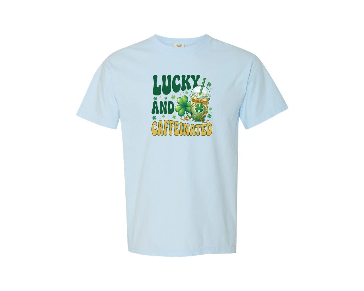 brand:Comfort Colors|color:Chambray|St Patricks Day Lucky And Caffeinated Graphic T-Shirt