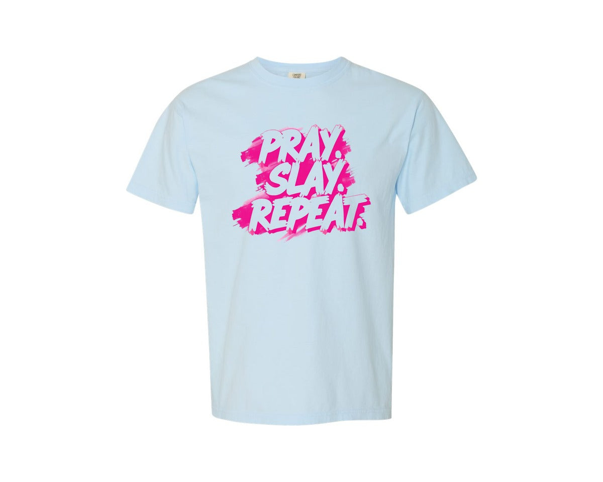 brand:Comfort Colors|color:Chambray|Pray Slay Repeat Christian Graphic T-Shirt