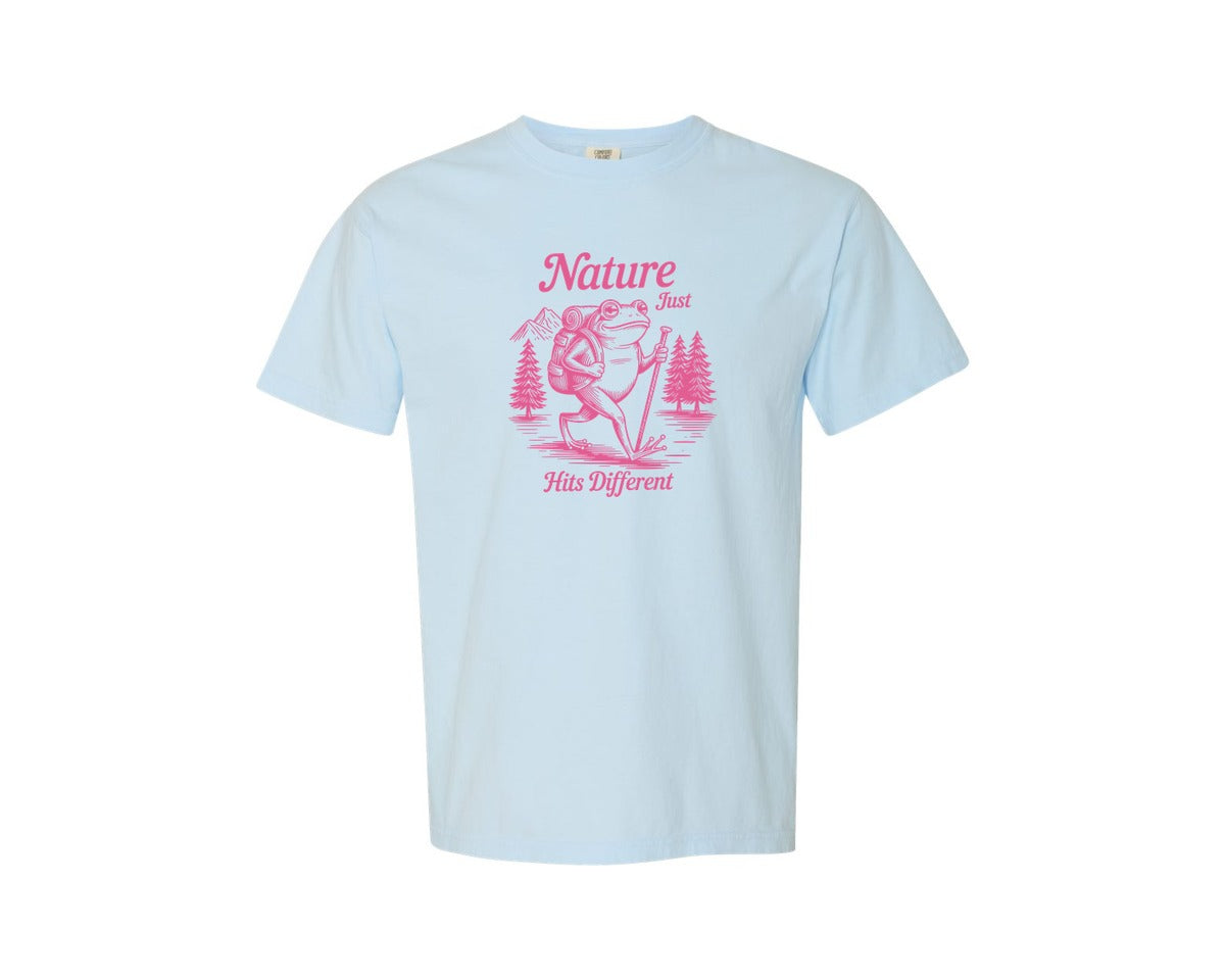 brand:Comfort Colors|color:Chambray|Nature Just Hits Different Funny Frog Graphic T-Shirt