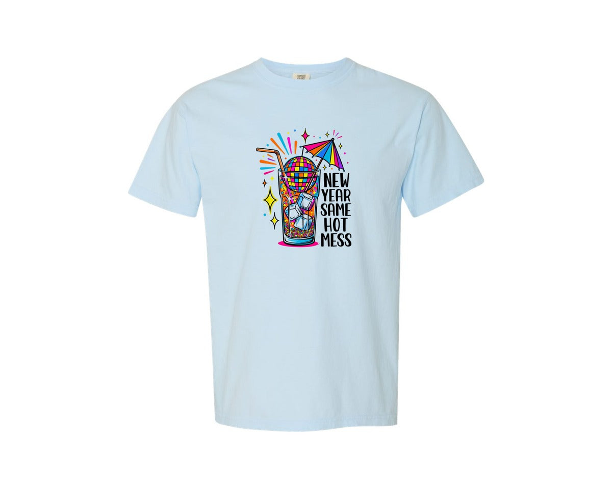 brand:Comfort Colors|color:Chambray|New Year Hot Mess Funny Martini Graphic T-Shirt