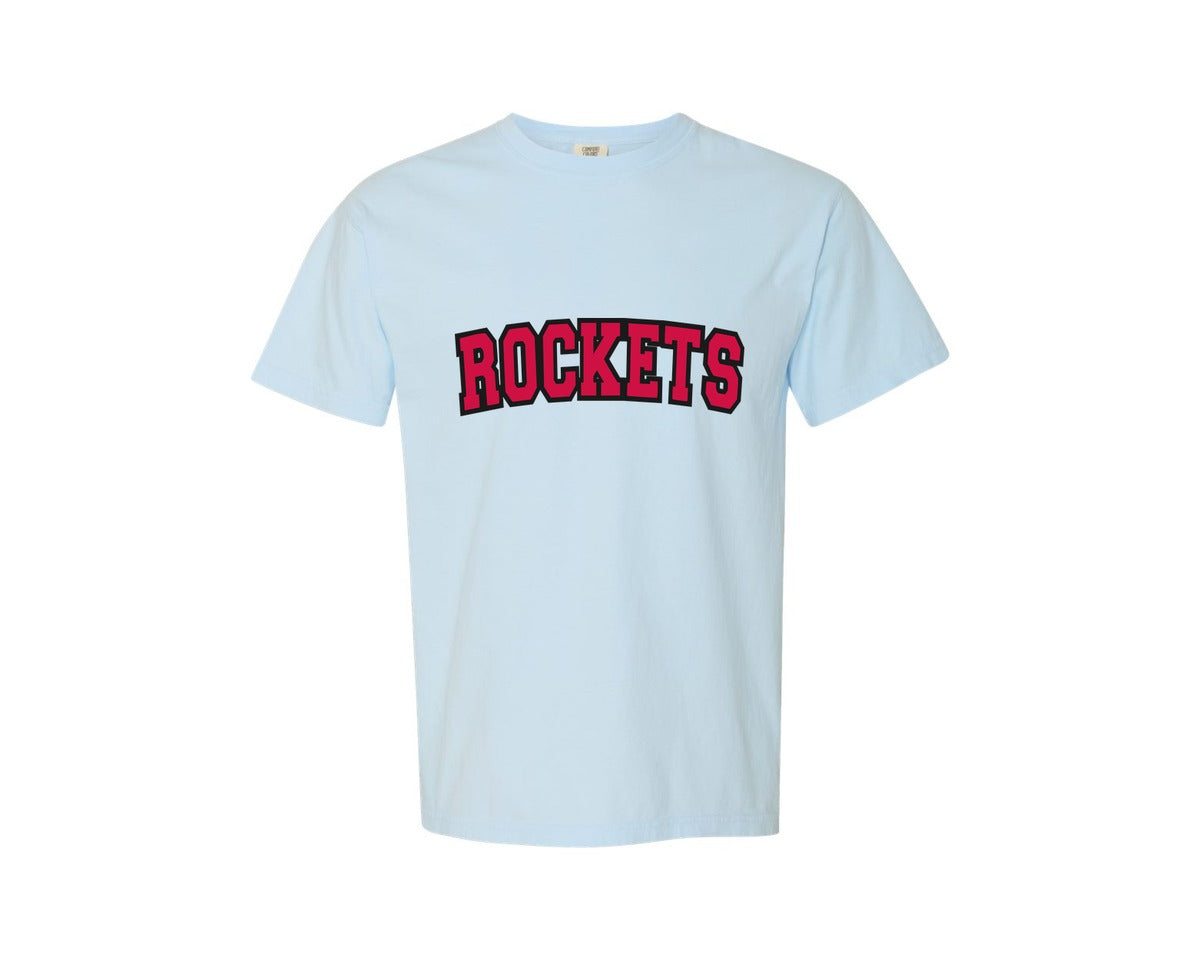brand:Comfort Colors|color:Chambray|Rockets Varsity Curved Red Black Graphic T-Shirt