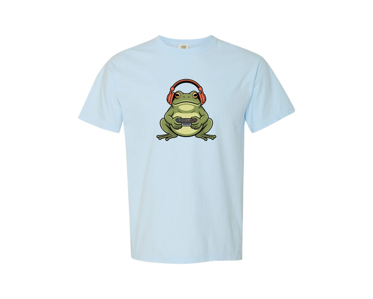 brand:Comfort Colors|color:Chambray|Funny Gamer Frog Vintage Gaming Graphic T-Shirt