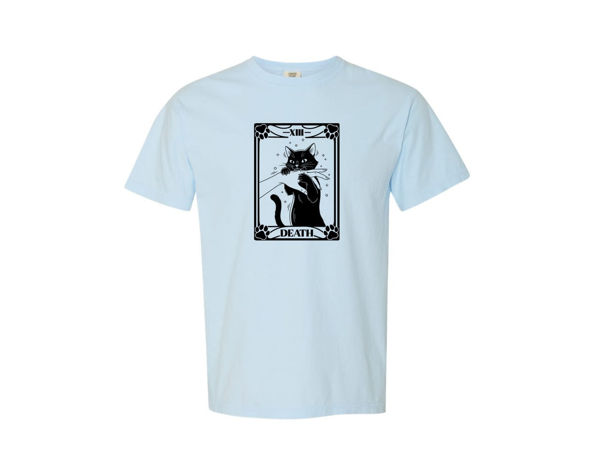brand:Comfort Colors|color:Chambray|Tarot Card Death Design Funny Cat Graphic T-Shirt