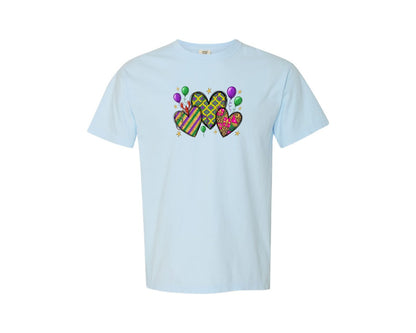 brand:Comfort Colors|color:Chambray|Mardi Gras Hearts Design Graphic T-Shirt