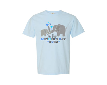 brand:Comfort Colors|color:Chambray|Our First Mothers Day Elephant Mom Baby Graphic T-Shirt