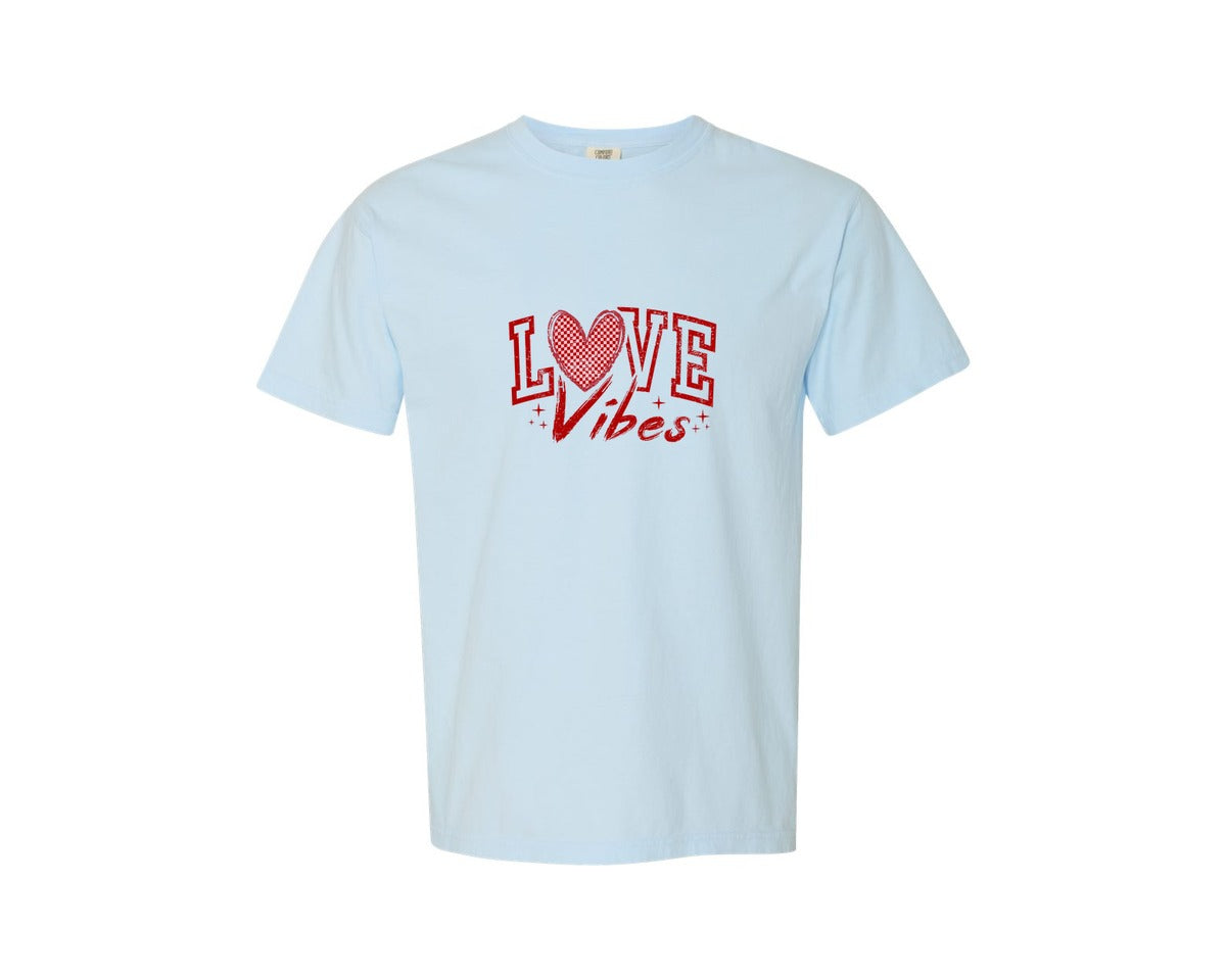 brand:Comfort Colors|color:Chambray|Love Vibes Checkered Valentines 2 Graphic T-Shirt